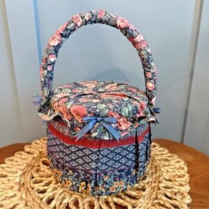 Vintage Floral Padded Sewing Box Basket Hinged Handle Round Blue Lined Grandma